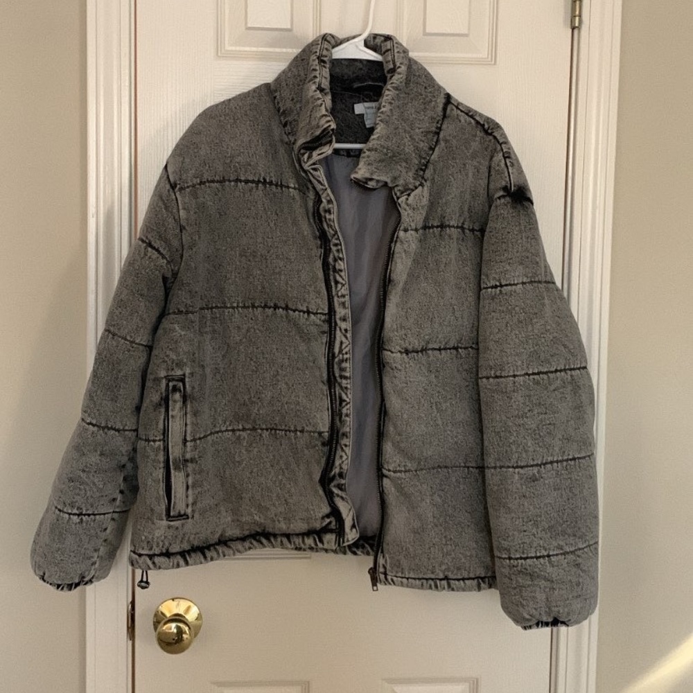 Faded black denim puffer jacket
